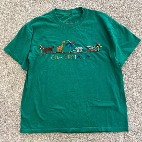Sport Fine Other - Emerald Green Embroidered Guatemala & Animals Cotton Tshirt Large